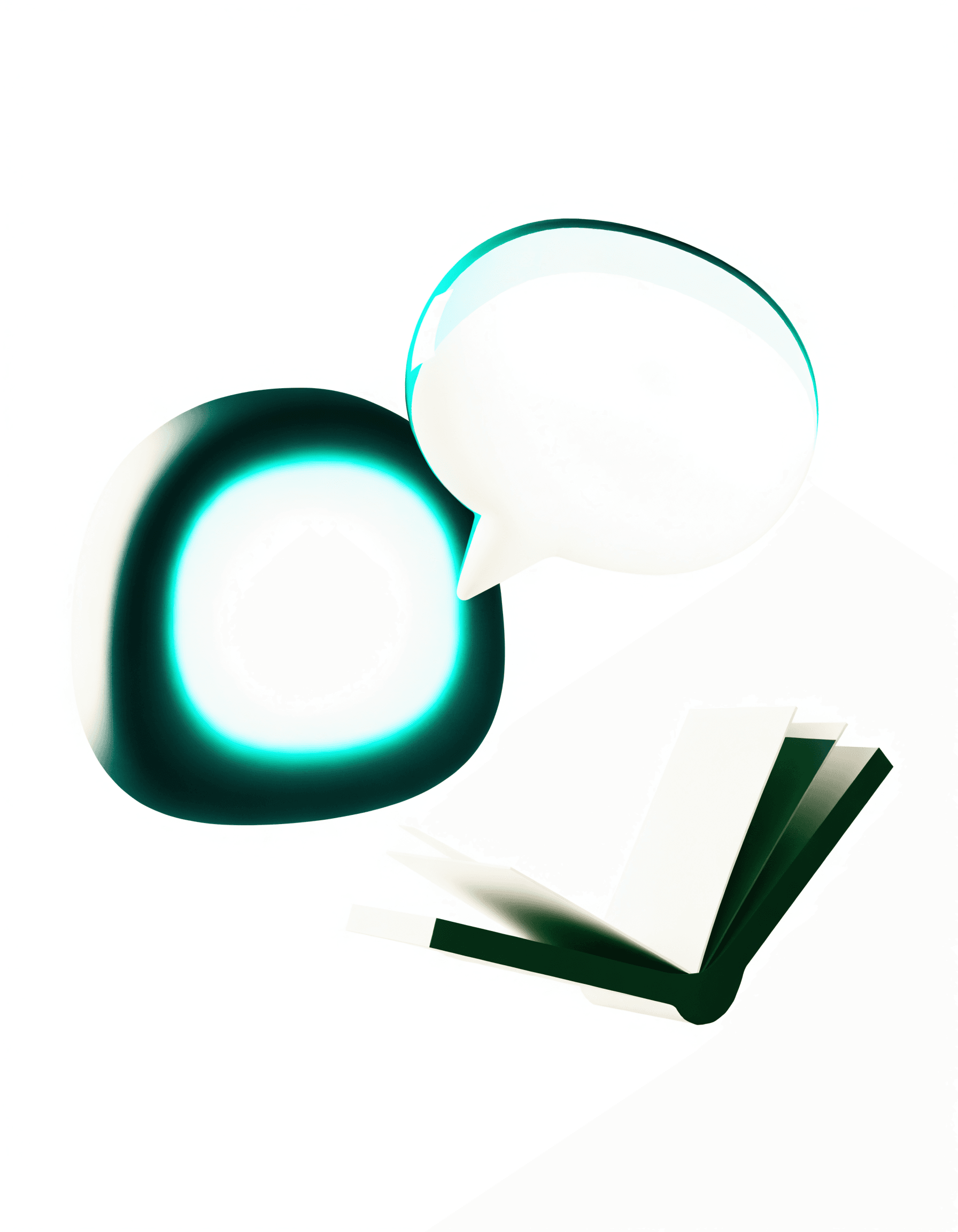 A glowing assistant orb beside a speech bubble and an open book