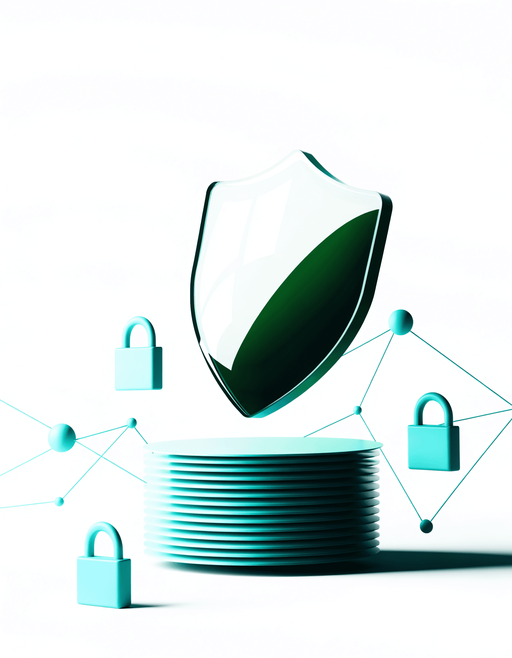 A shield over a stack of layered records with padlocks and a node network