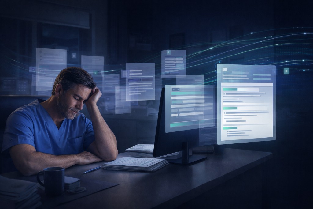 Clinician at a desk late at night surrounded by floating documents.