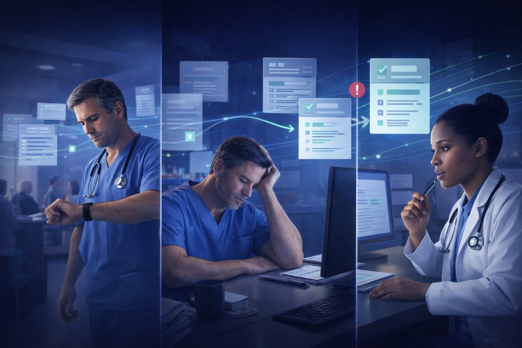 Three-panel illustration: time pressure, documentation fatigue, and focused calm clinical documentation.