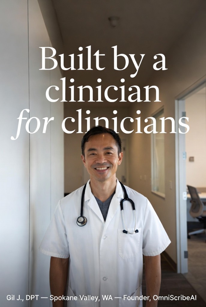Founder of OmniScribeAI — a clinician in clinical attire, standing in a clean clinic hallway.