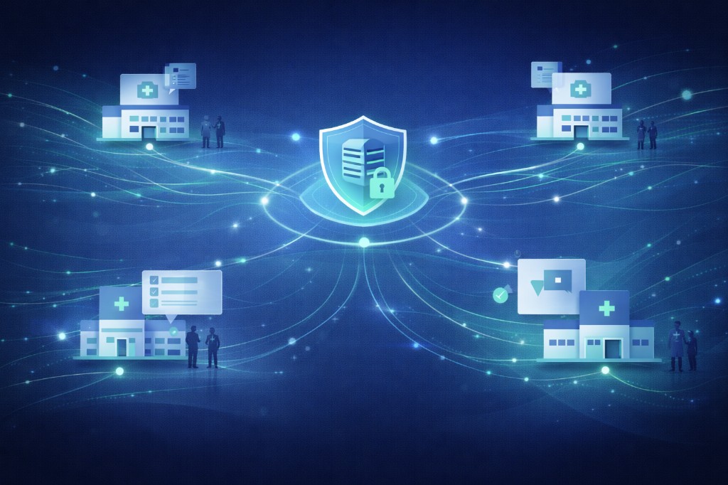 Clinic buildings connected to a central security hub with shield and server nodes.