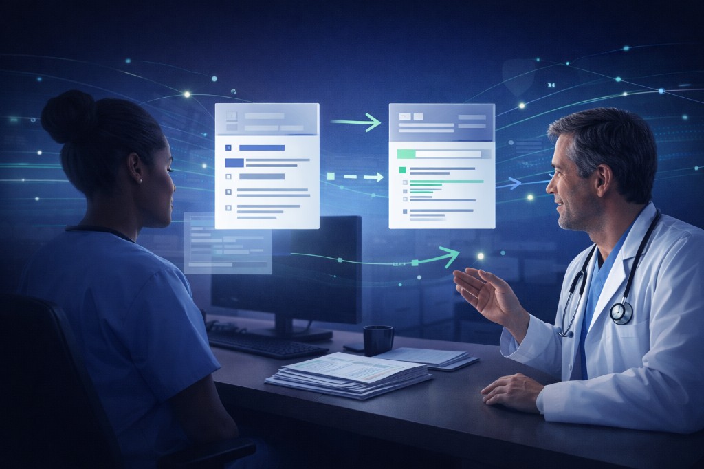 Two clinicians at a workstation with floating digital note panels and handoff arrows between them.