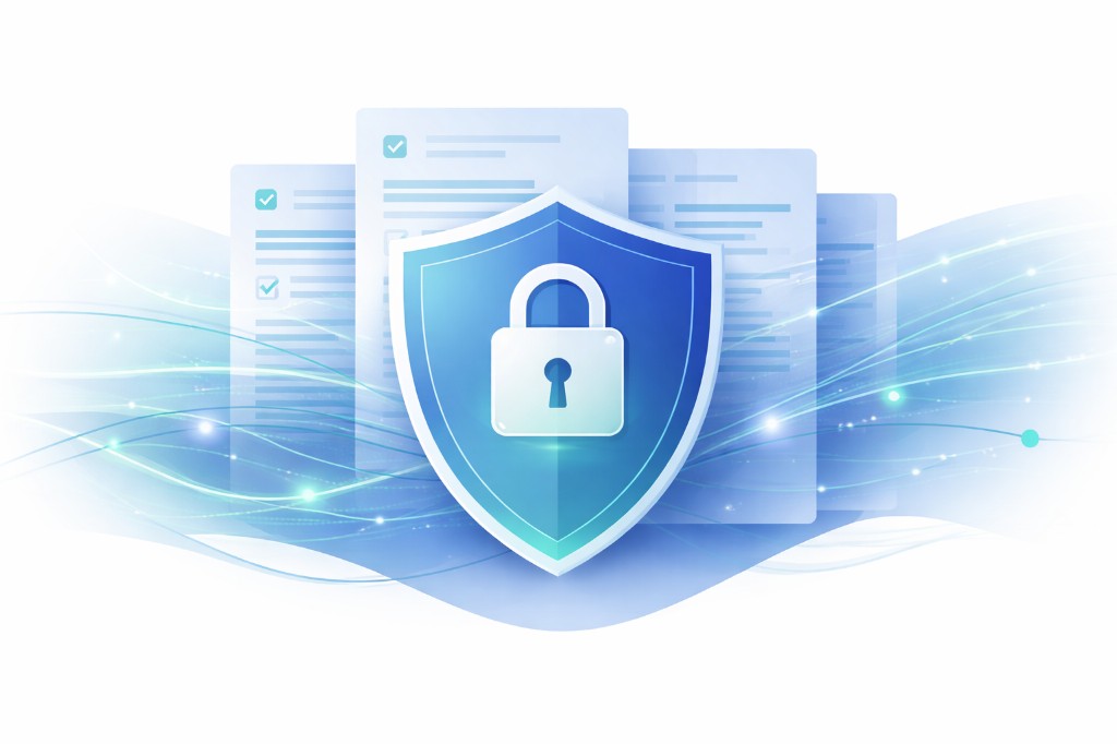 Shield with padlock protecting medical document panels.